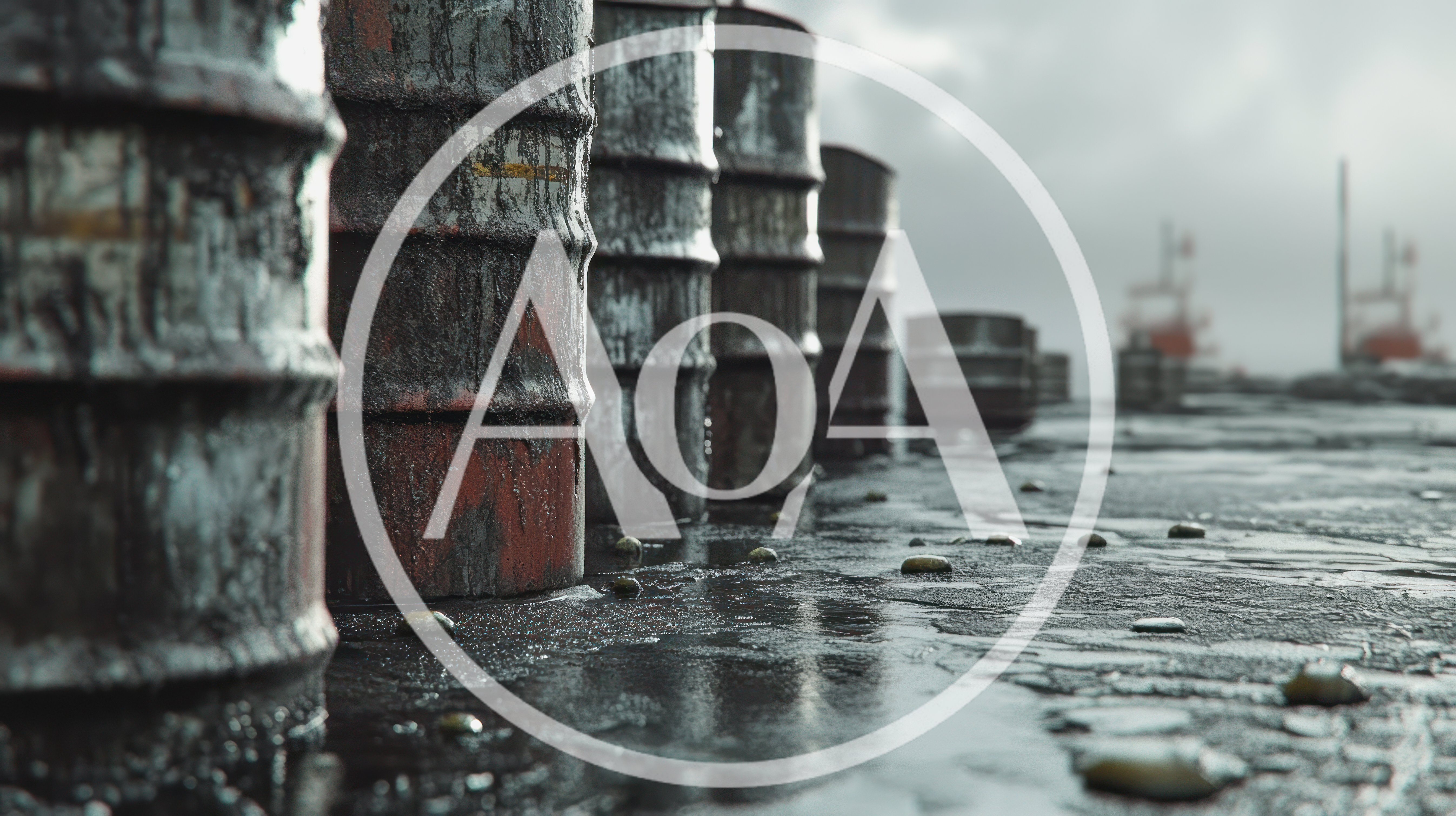 Rusty Industrial Oil Barrels On A Wet Dock
