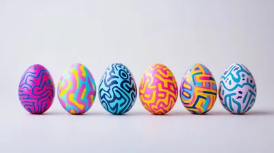 Six Colorful Patterned Easter Eggs In A Row