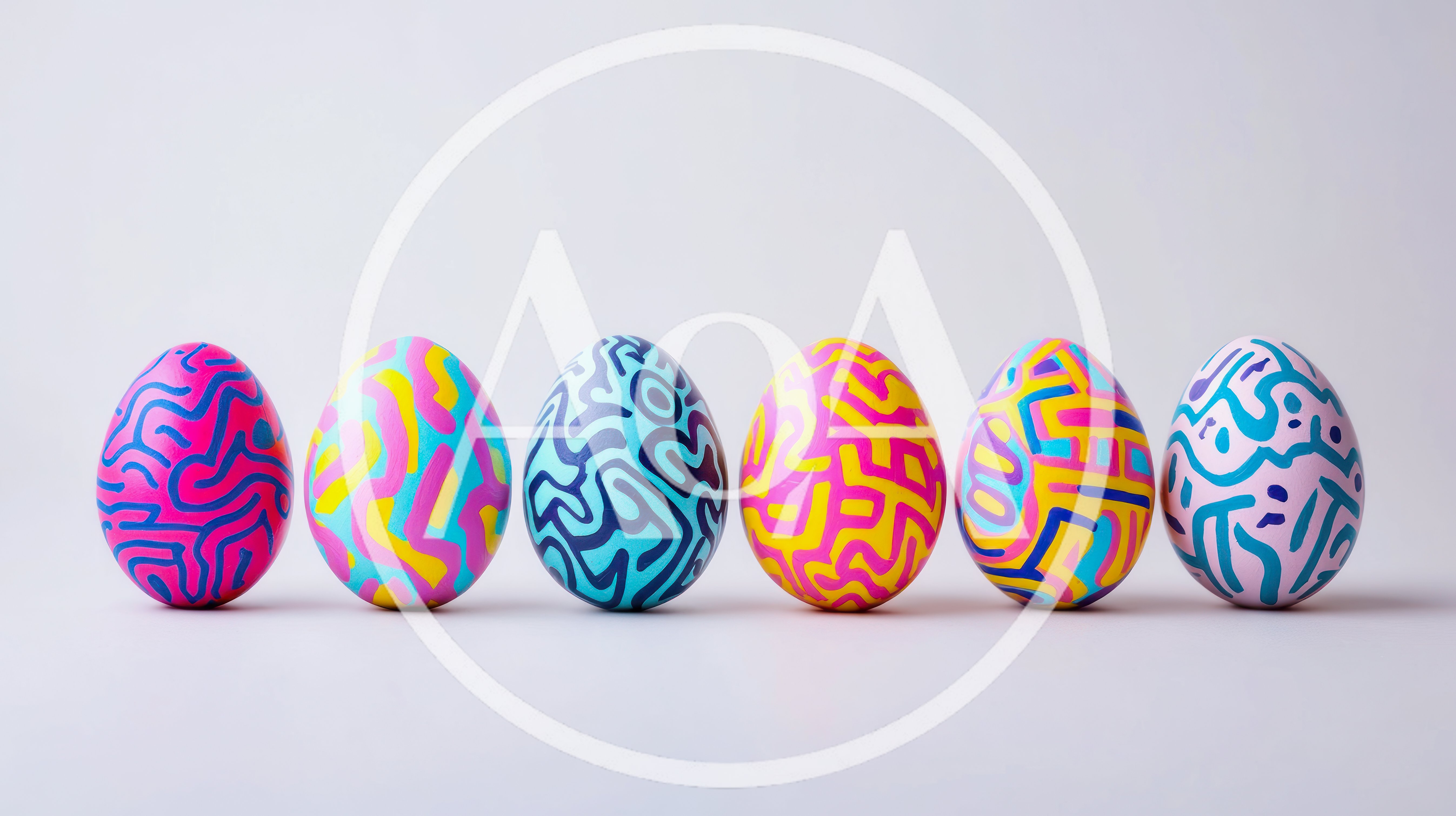 Six Colorful Patterned Easter Eggs In A Row