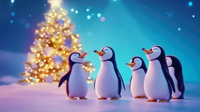 Animated Penguins Singing Together Near A Christmas Tree