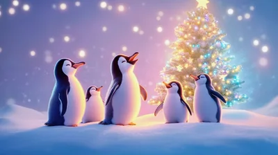 Group Of Cute Penguins Singing By Christmas Tree