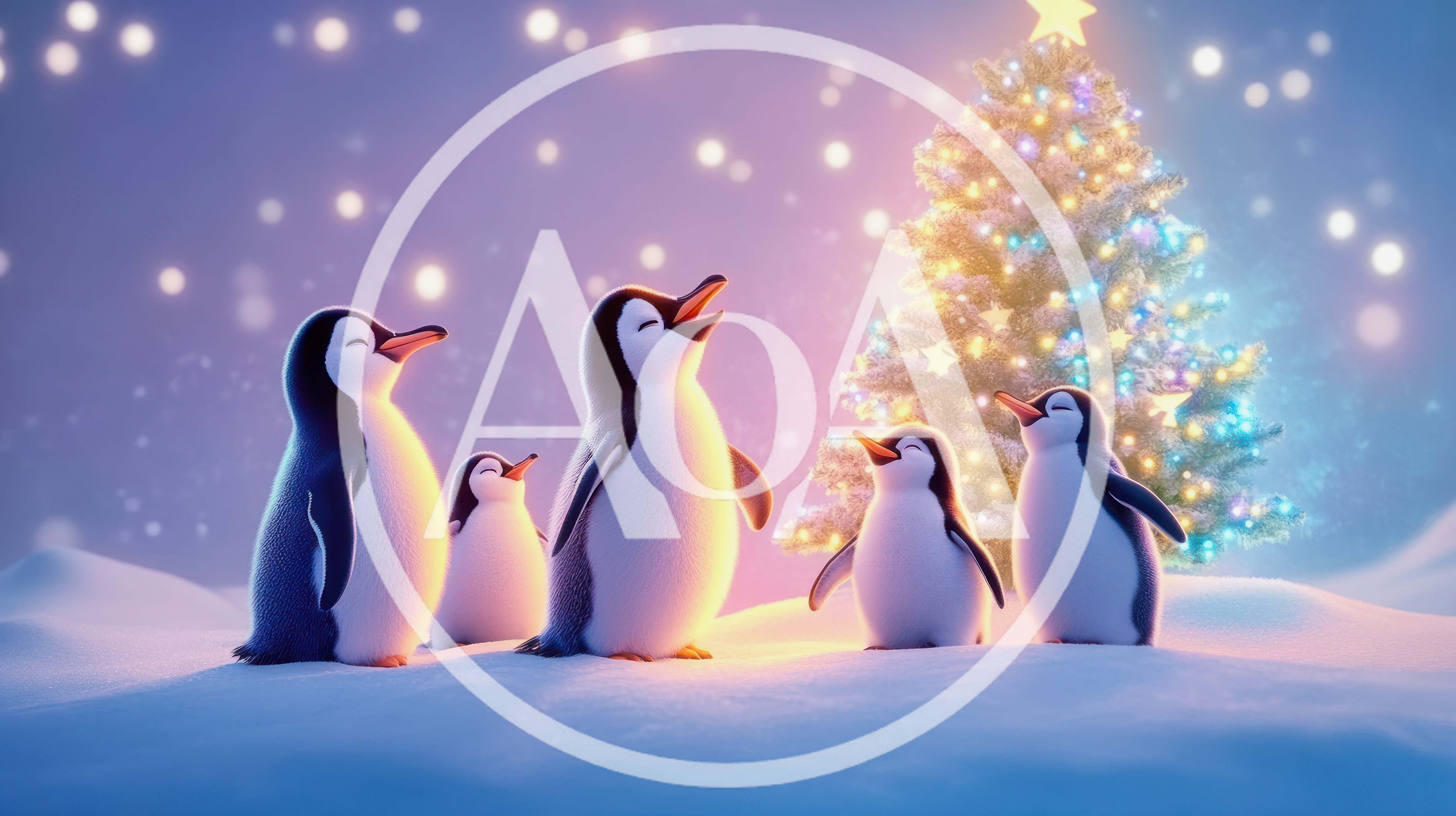 Group Of Cute Penguins Singing By Christmas Tree
