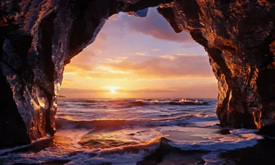 Ocean Waves Crashing Into A Sea Cave At Sunset