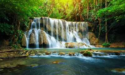 Huay Mae Khamin Waterfall Cascading Through Lush Tropical Forest