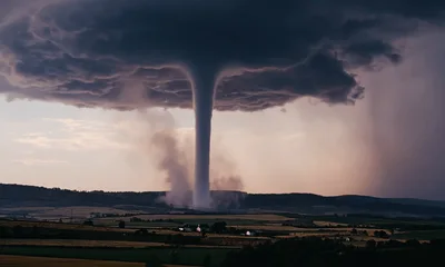 Large Supercell Tornado Touching Down Over Rural Landscape