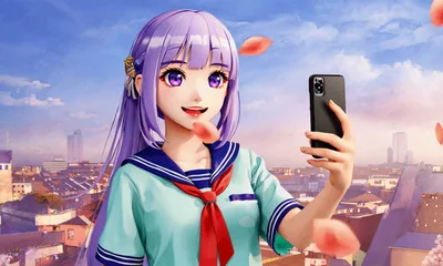 Anime Girl Taking A Selfie With Falling Petals