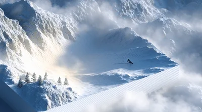 Snowboarder Carving Down A Floating Mountain Island