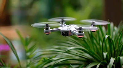 Small White Drone Hovering Over Green Tropical Plants