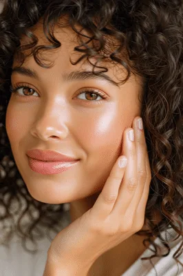 Young Woman With Curly Hair Touching Her Face