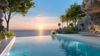 Luxury Infinity Pool Inside Tropical Cave At Sunset