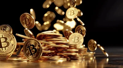 Golden Bitcoin Coins Falling Onto A Pile