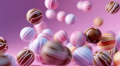 Colorful Striped Candy Spheres Bouncing on Pink Surface