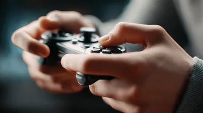 Close Up Of Hands Playing Video Game With Controller