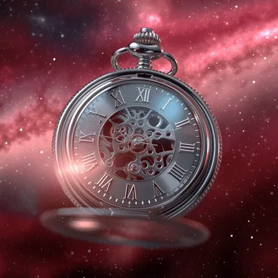 Silver Pocket Watch Floating In Deep Space Nebula