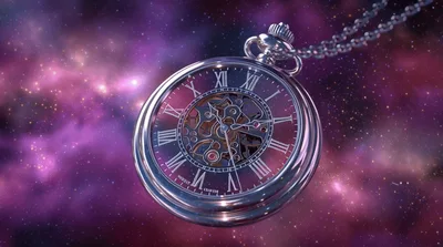 Silver Pocket Watch Floating In Deep Space Nebula