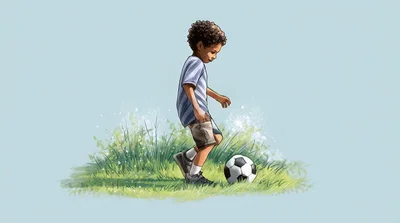 Young Boy Playing Soccer In A Field Illustration
