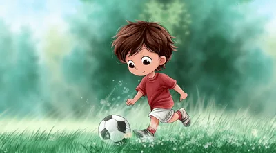 Cute Cartoon Boy Dribbling Soccer Ball In Green Field