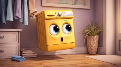 Cute Animated Yellow Washing Machine Character Floating