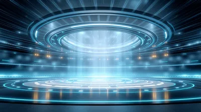 Futuristic Circular Stage With Glowing Blue Light Beams