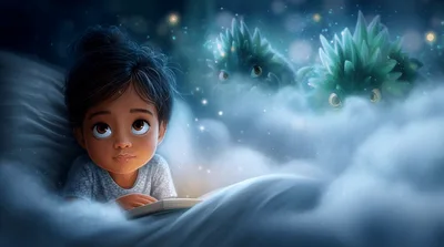 Little Girl Reading Book With Magical Creatures