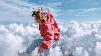 Happy Boy Jumping Above Clouds In The Sky