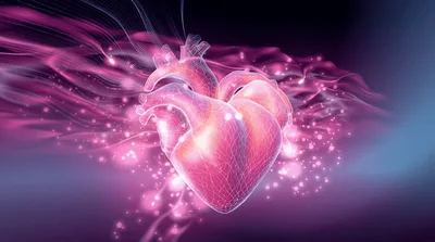 Digital Wireframe Human Heart Pulsing With Glowing Particles
