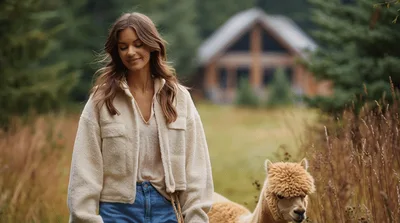 Young Woman Walking With An Alpaca In Nature