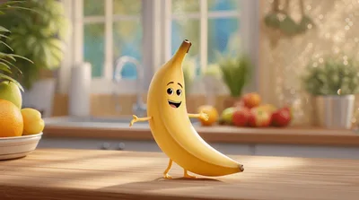 Animated Banana Character Dancing On Kitchen Counter