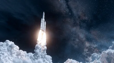 Space Rocket Launching Into The Night Sky