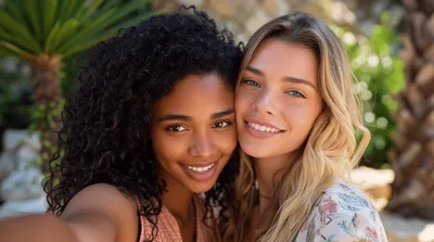 Two Diverse Women Taking A Selfie Together Outdoors