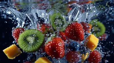 Assorted Fresh Fruits Falling Into Clear Water
