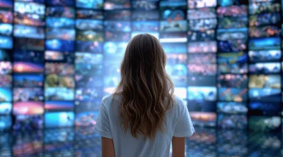 Woman Standing Before A Large Digital Video Wall