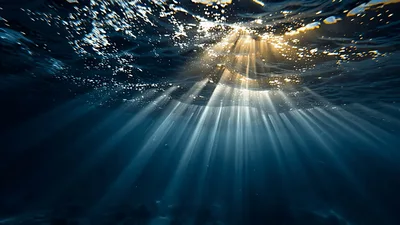 Sunlight Rays Piercing Through Deep Blue Ocean Surface