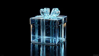 Glowing Transparent Glass Gift Box Rotating On Black Background