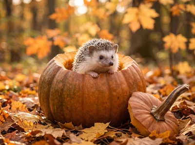 Cute Hedgehog Sitting Inside A Hollowed Pumpkin
