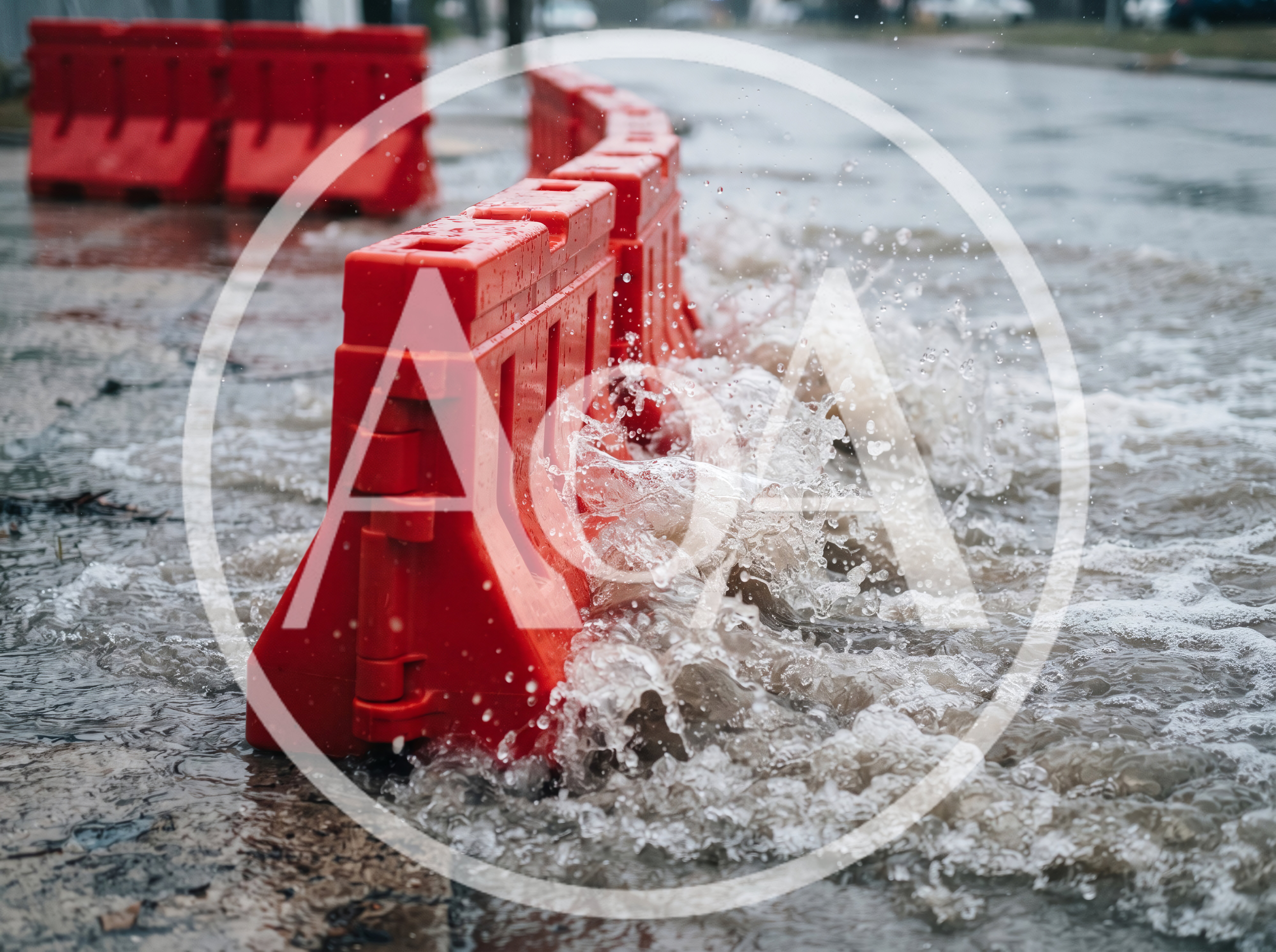 Water Splashing Against Red Plastic Road Barriers