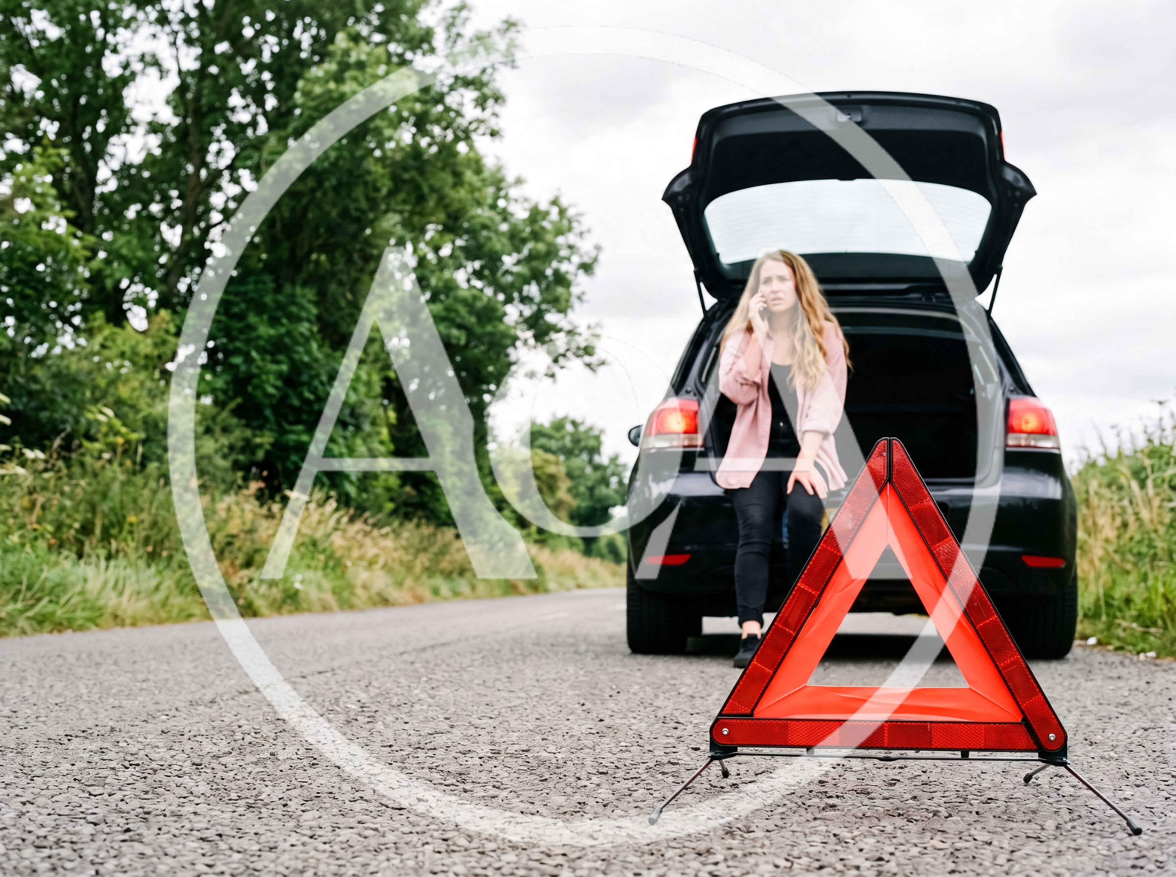 Woman Calling for Assistance Beside Broken Down Car