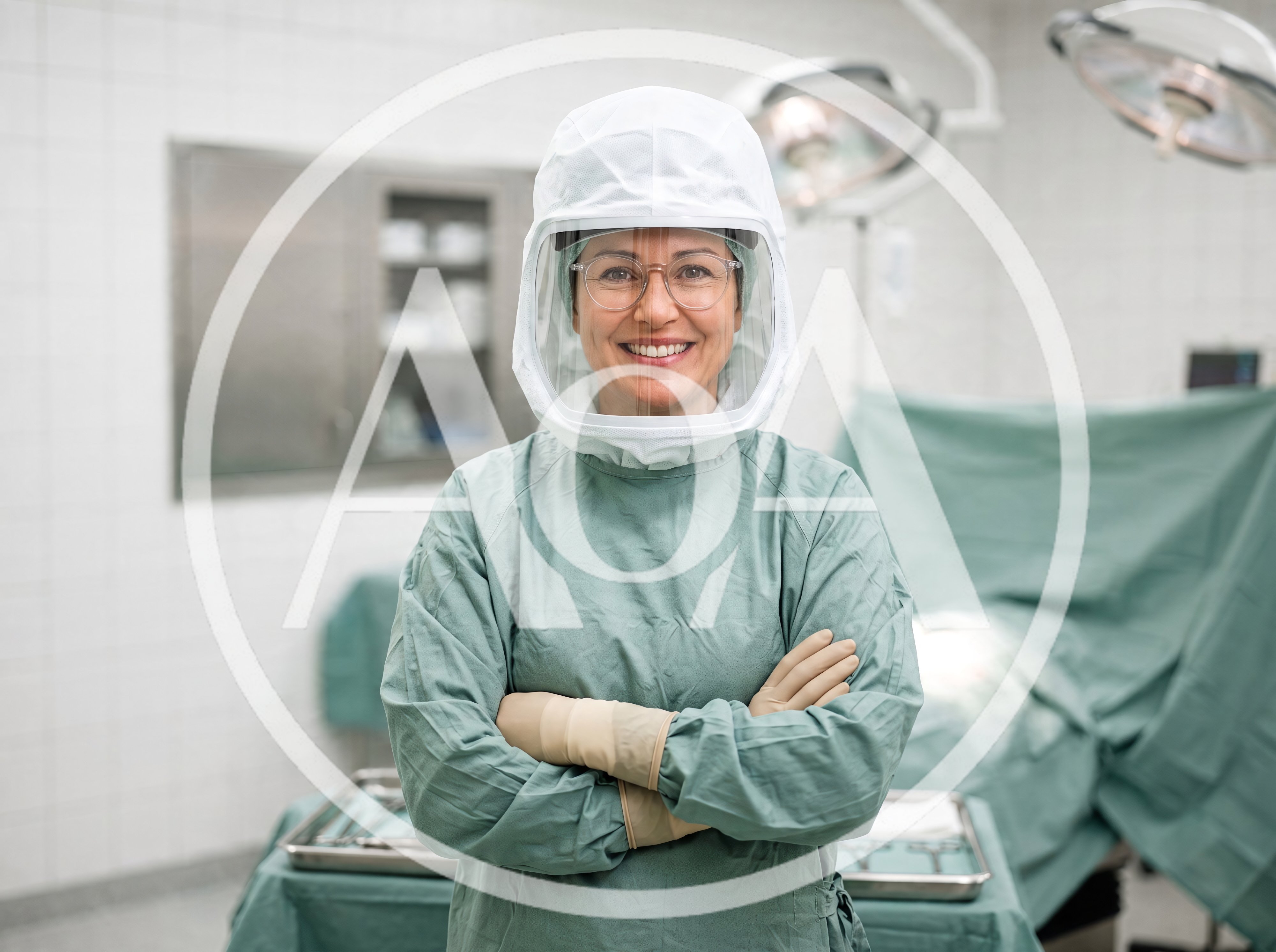 Female Surgeon Wearing Protective Helmet In Operating Room