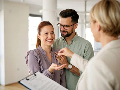 Real Estate Agent Handing Keys To A Happy Couple