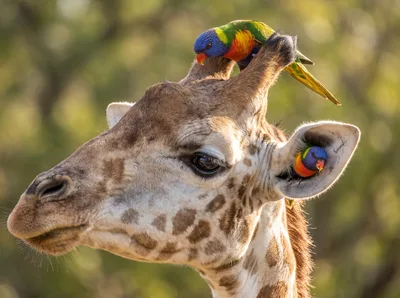 Rainbow Lorikeets Perched on a Giraffe Head