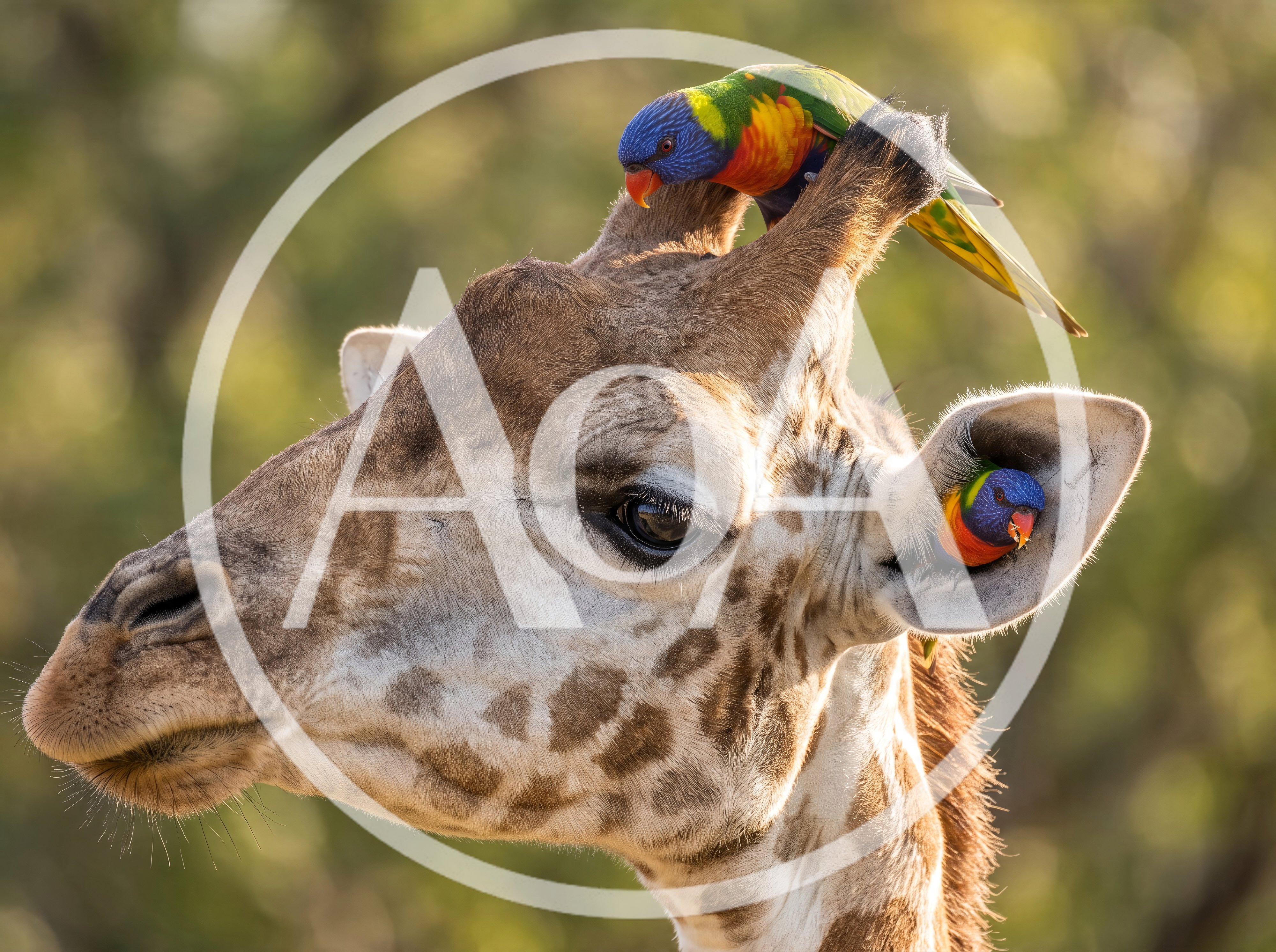 Rainbow Lorikeets Perched on a Giraffe Head