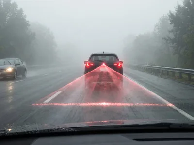 Car Projecting Laser Safety Warning Lines On Wet Highway