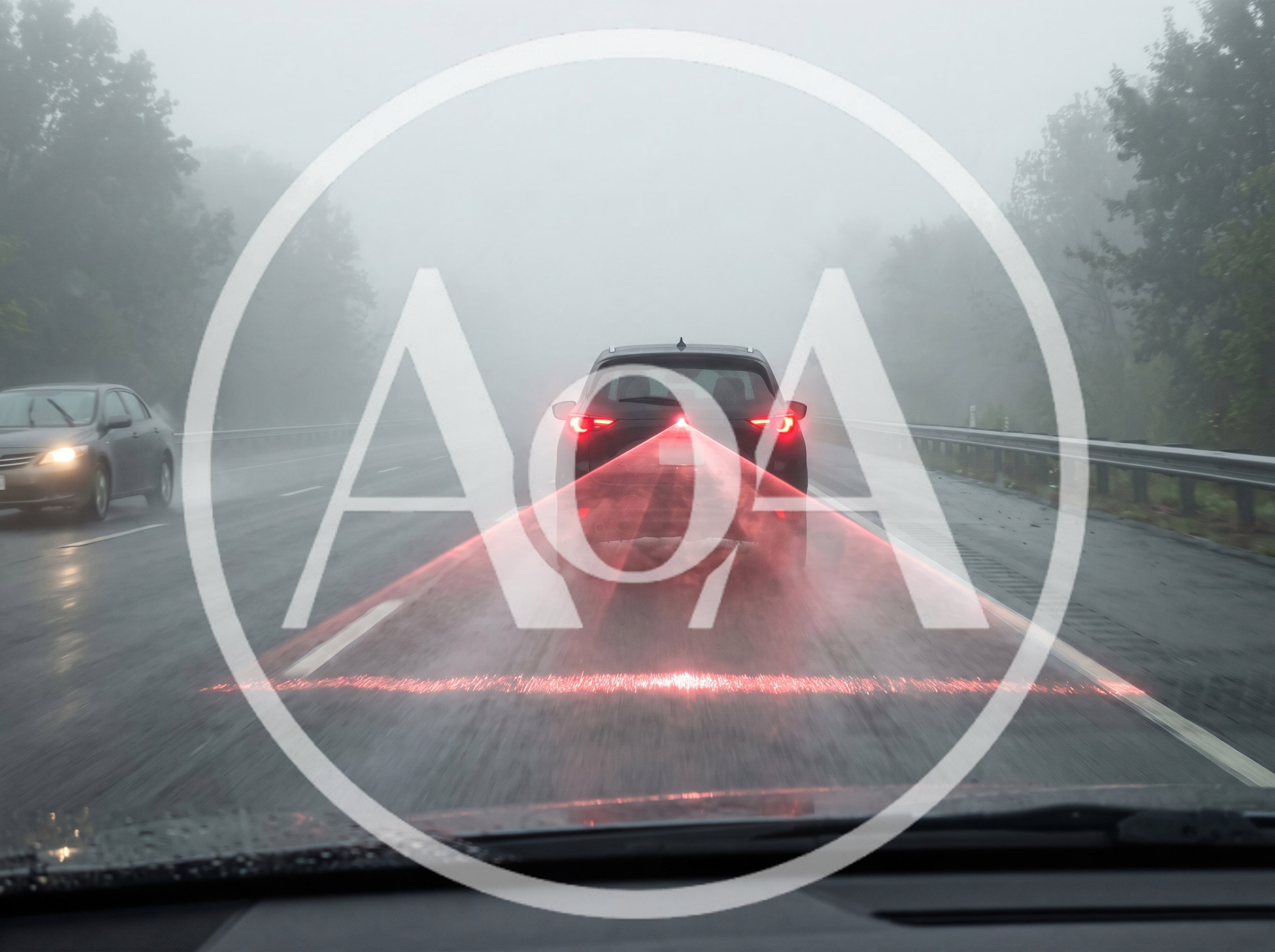 Car Projecting Laser Safety Warning Lines On Wet Highway