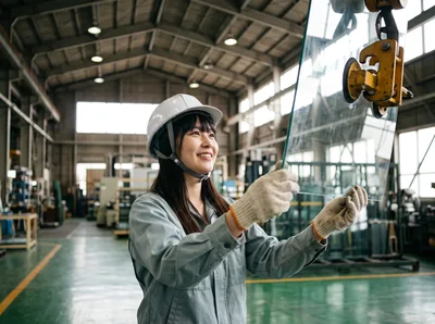Female Factory Worker Handling Glass Sheet In Industrial Facility