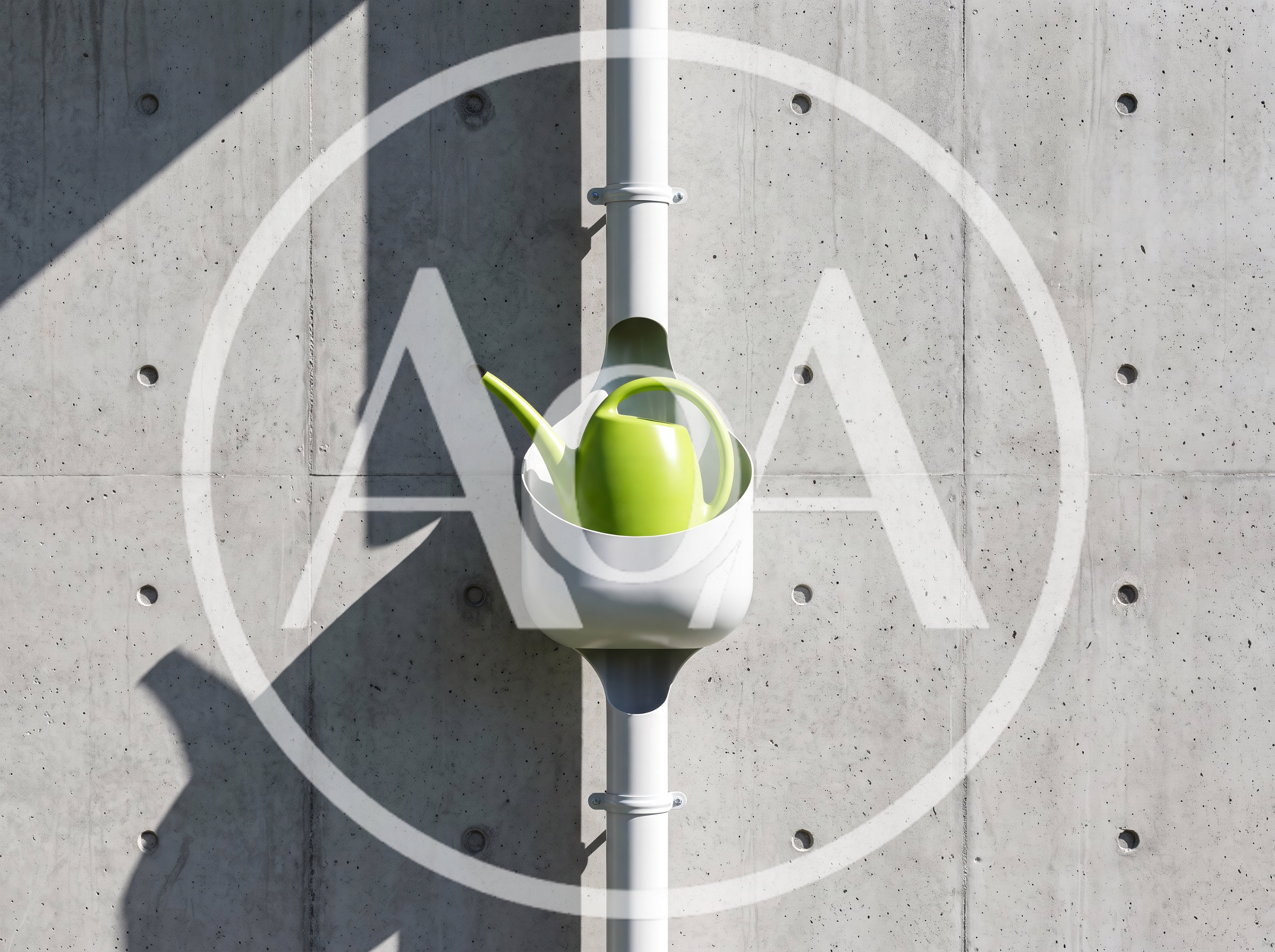 Green Watering Can Resting In A Rainwater Downspout