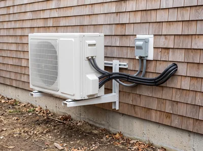 Outdoor Mini Split Heat Pump Unit Mounted On Wall