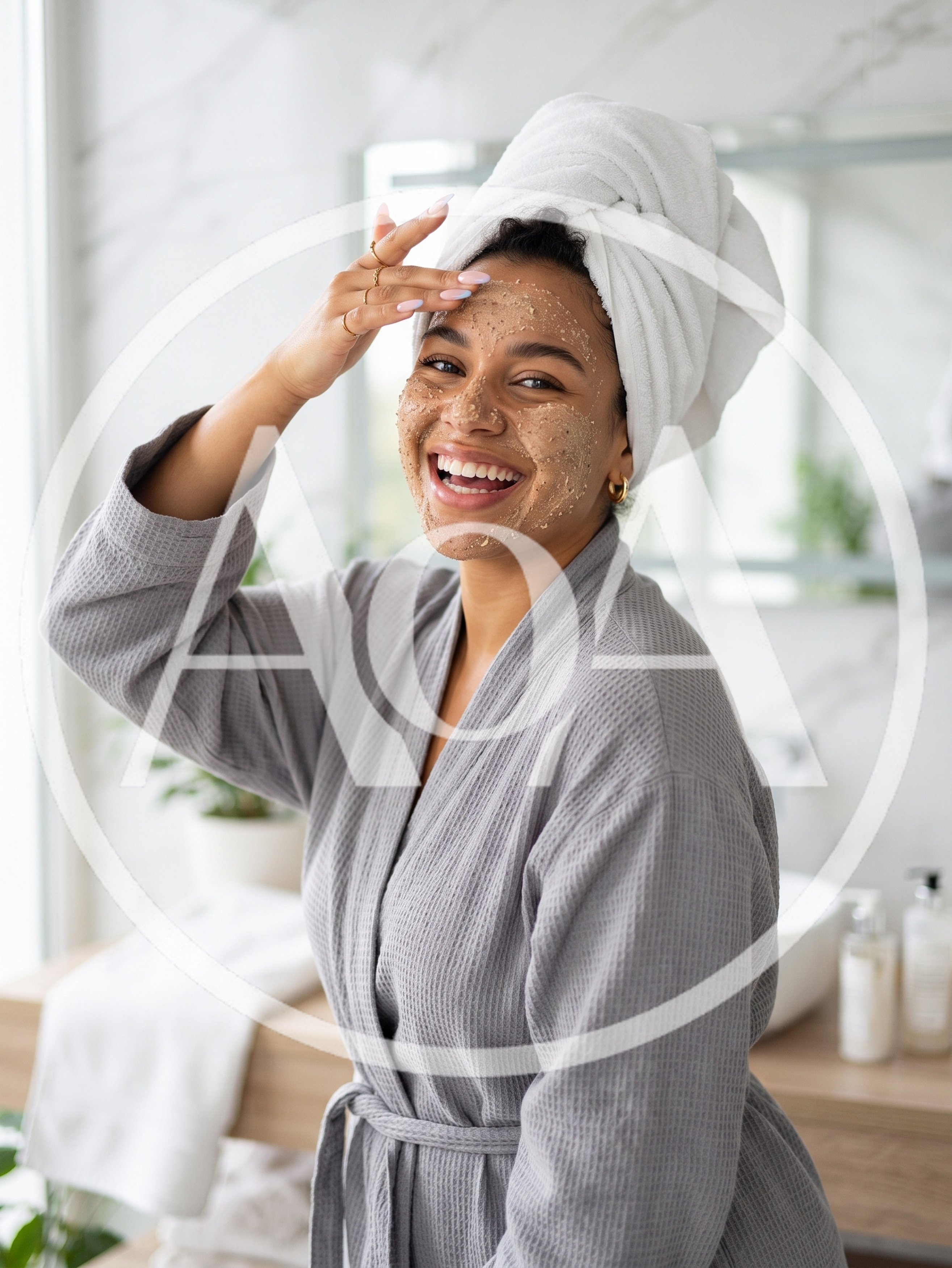 Happy Woman Applying Facial Scrub in Bathroom