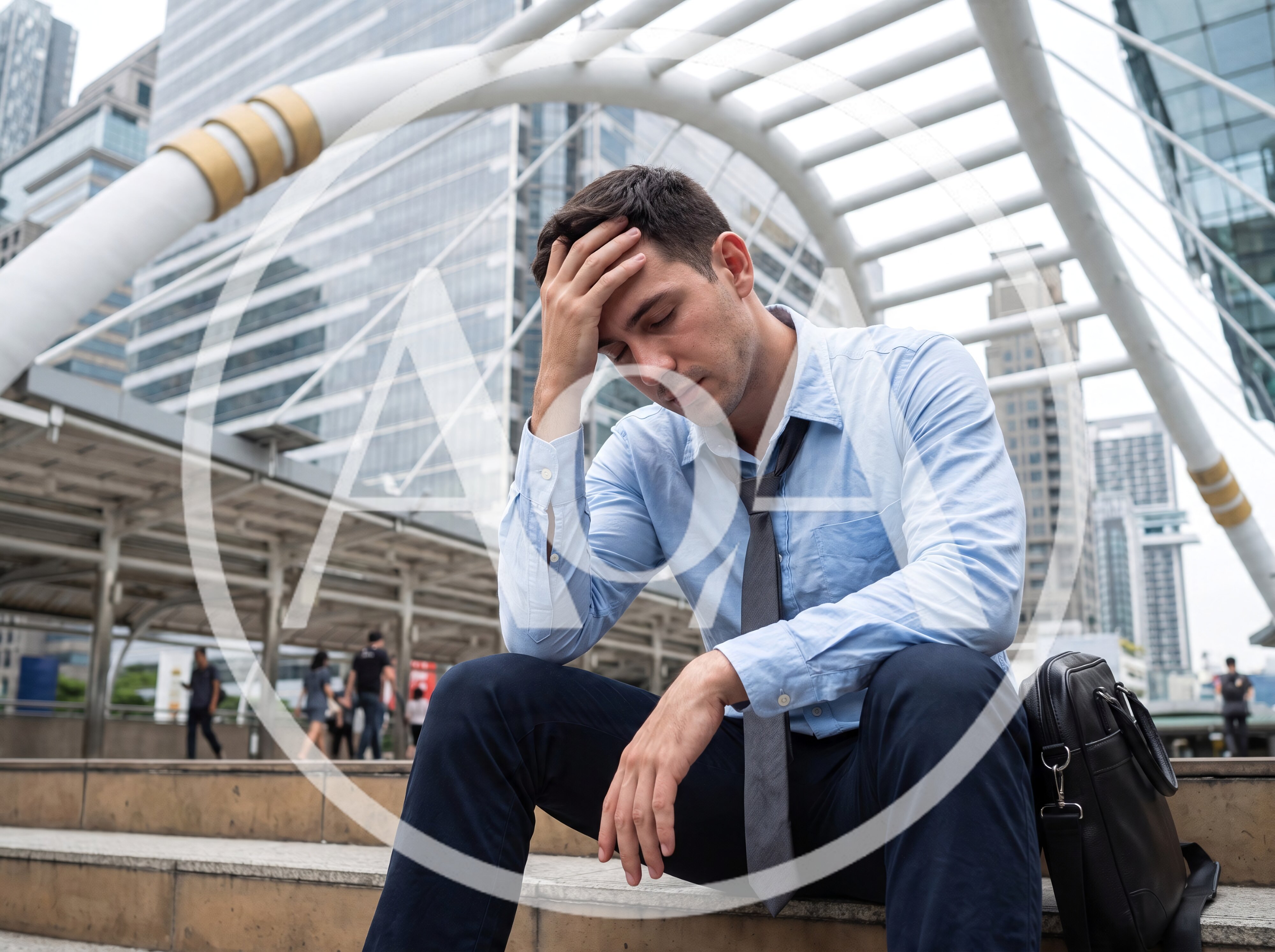 Stressed Businessman Sitting On City Stairs