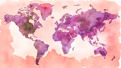 Watercolor World Map Illustration In Purple And Pink