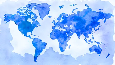 Watercolor World Map Illustration In Shades Of Blue